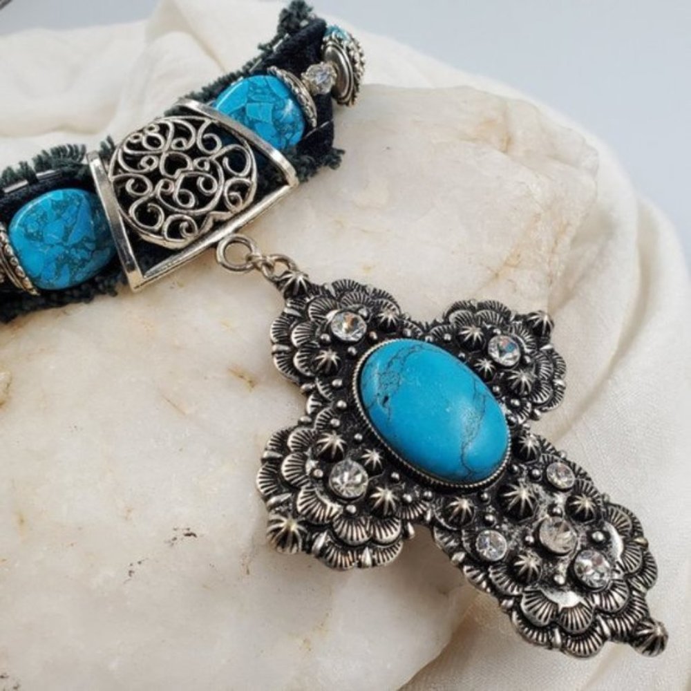 Turquoise and Coral Statement Necklace - Picture 3 of 10